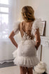 Pearl short wedding dress: Mini reception gown with feathers on the waist and ruffles