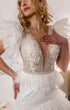 Pearl short wedding dress: Mini reception gown with feathers on the waist and ruffles