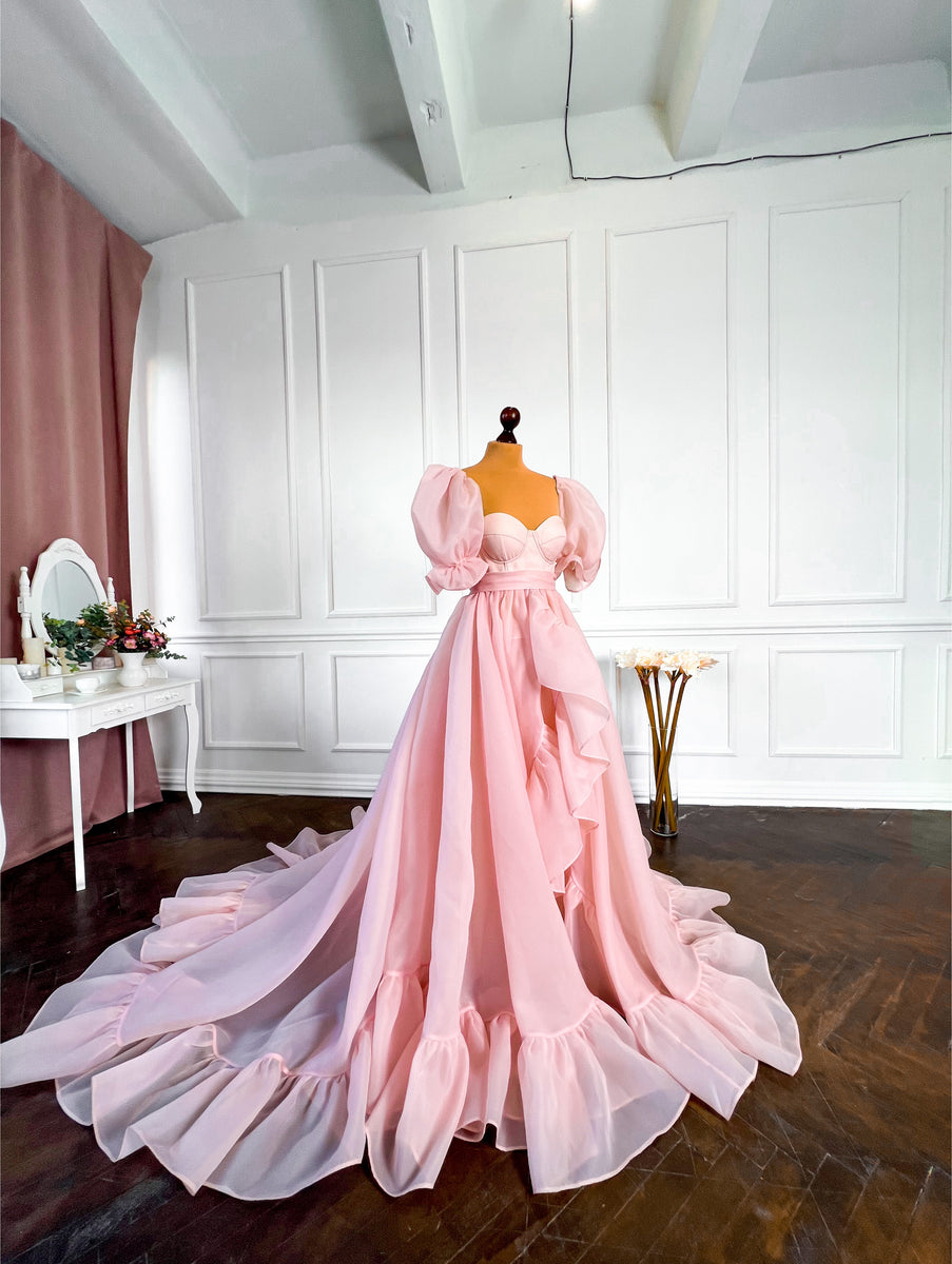 red valentines dress Ivory Strapless A-Line Wedding Dress with Ruffle Bodice – Ruffled Organza Wedding Gowns with Flowing Train Plus Size Size 4 main image 0