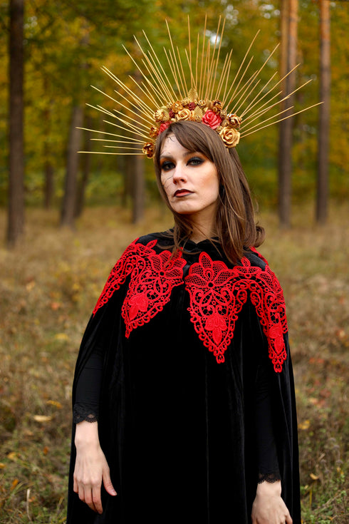 Black Halloween Witch Cape – Velvet Hooded Cloak with Lace