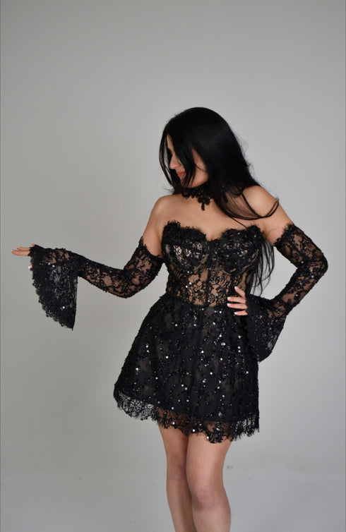 Black mini wedding dress: Gown lace and with sleeves