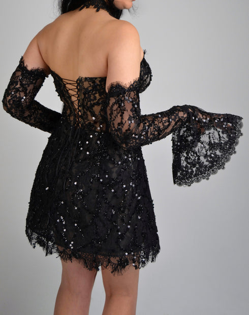 Black mini wedding dress: Gown lace and with sleeves