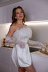 Satin Mini Wedding Dress : Bridal Reception Gown with feathers