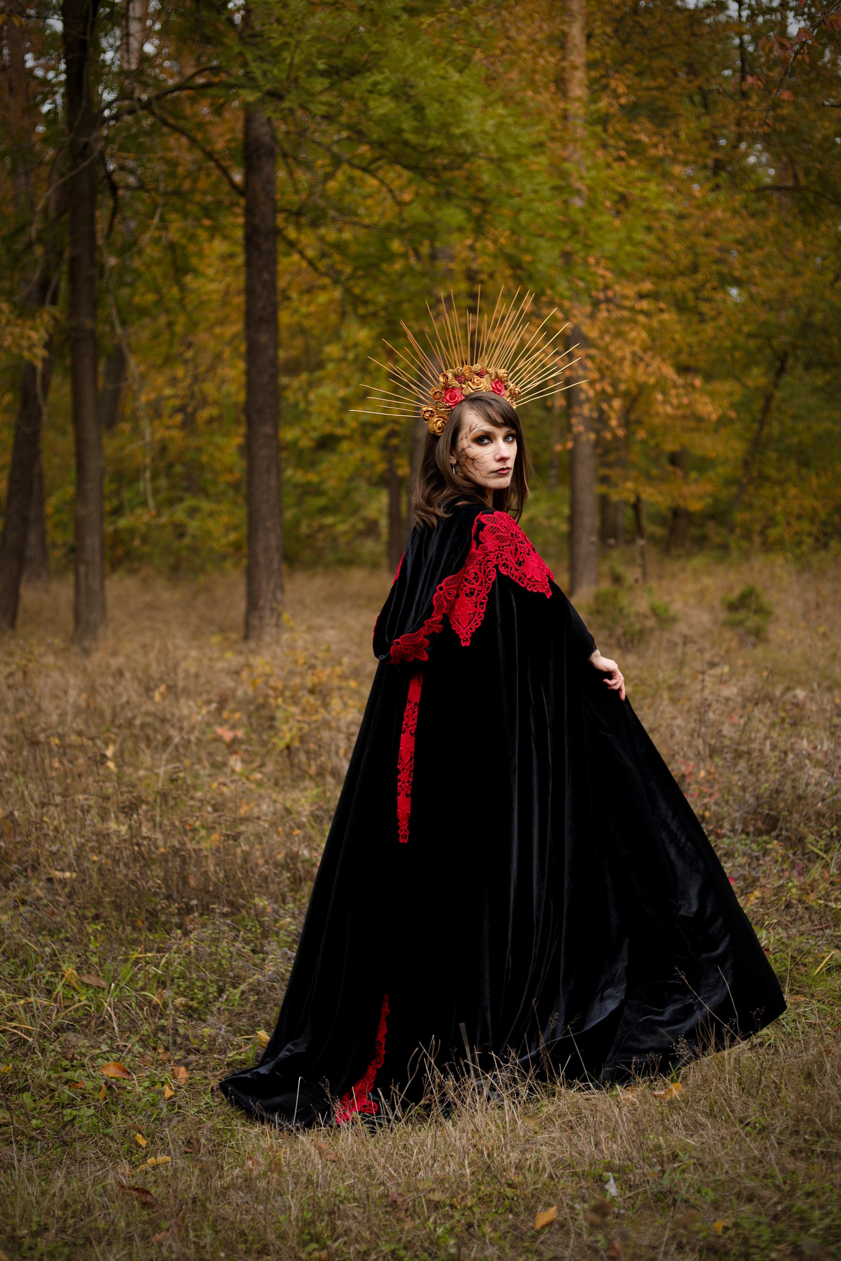 Black Halloween Witch Cape – Velvet Hooded Cloak with Lace & Feathers Height Up to 6