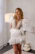 Pearl short wedding dress: Mini reception gown with feathers on the waist and ruffles