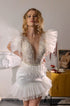 Pearl short wedding dress: Mini reception gown with feathers on the waist and ruffles
