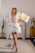 Pearl short wedding dress: Mini reception gown with feathers on the waist and ruffles