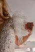 Pearl short wedding dress: Mini reception gown with feathers on the waist and ruffles