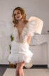Pearl short wedding dress: Mini reception gown with feathers on the waist and ruffles