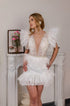 Pearl short wedding dress: Mini reception gown with feathers on the waist and ruffles