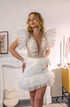 Pearl short wedding dress: Mini reception gown with feathers on the waist and ruffles