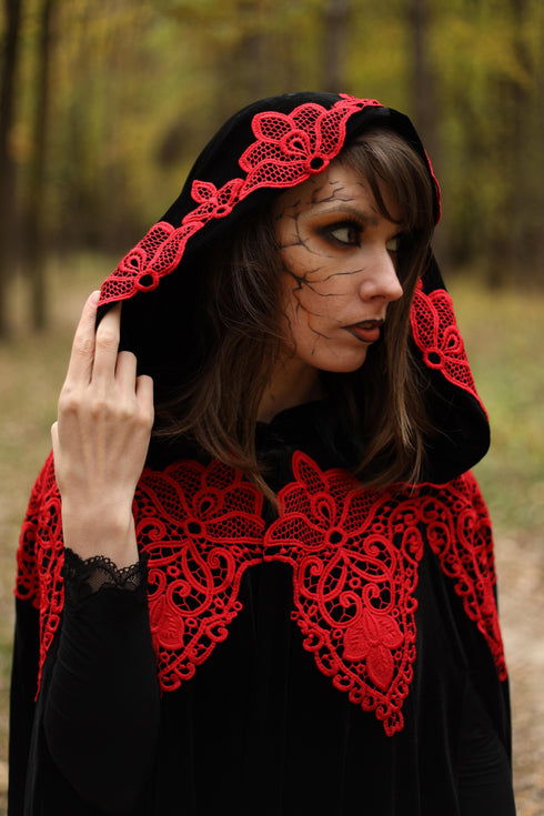Black Halloween Witch Cape – Velvet Hooded Cloak with Lace