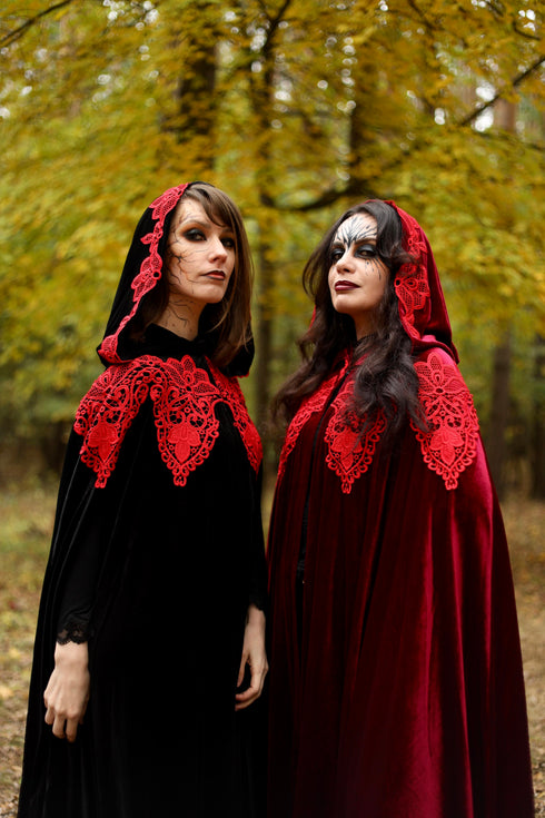 Black Halloween Witch Cape – Velvet Hooded Cloak with Lace