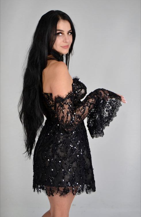 Black mini wedding dress: Gown lace and with sleeves