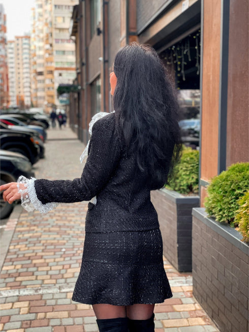ladies suit Black jacket and skirt with white trim