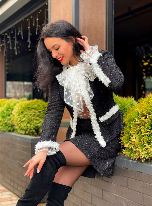 ladies suit Black jacket and skirt with white trim