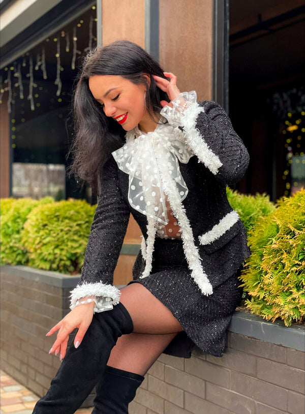 ladies suit Black jacket and skirt with white trim