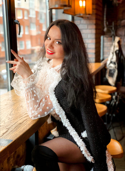 ladies suit Black jacket and skirt with white trim