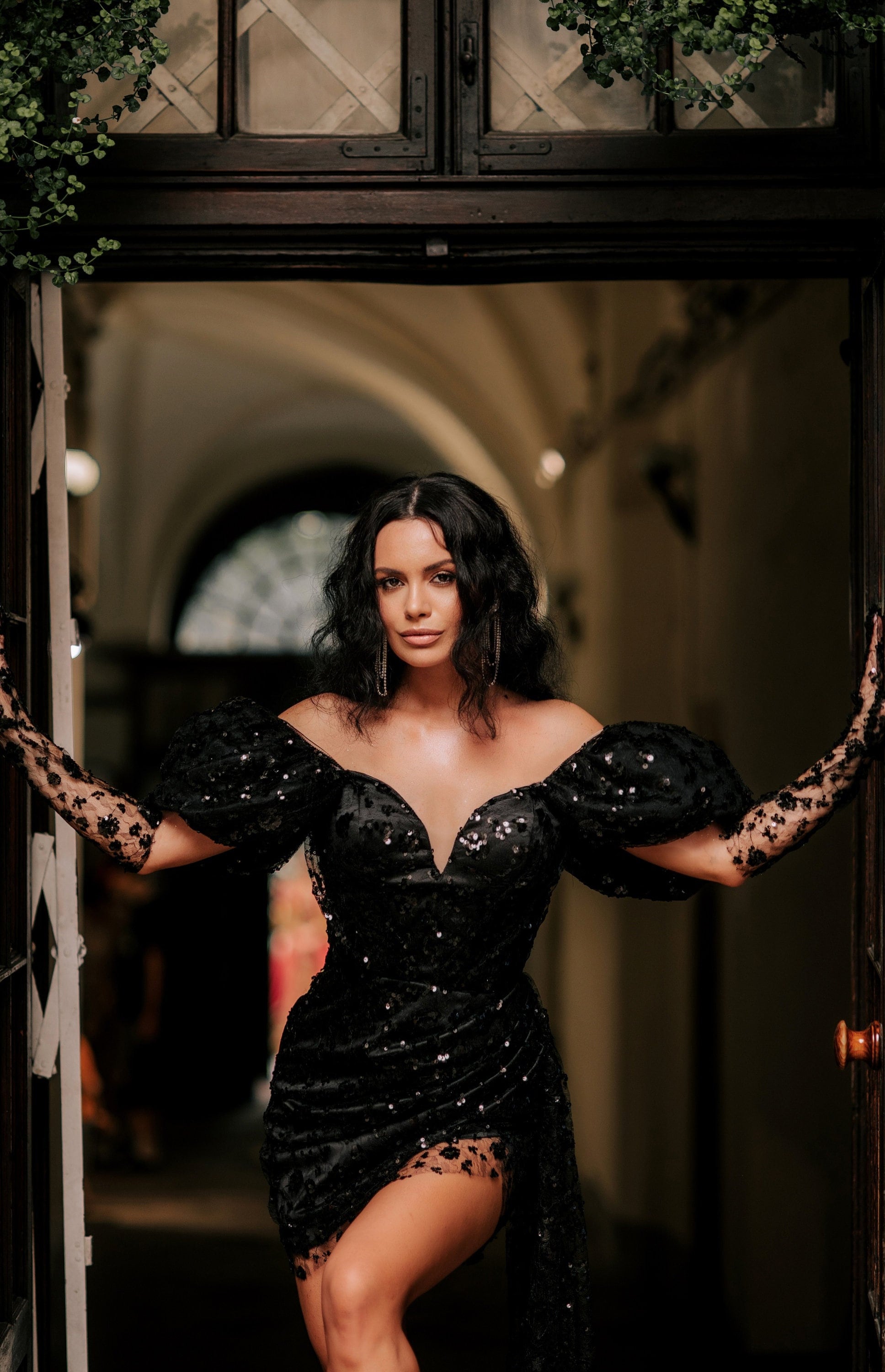 Buy Black Sequin Wedding Dress With Puff Sleeves And Small Train in Feasterville-Trevose, PA Dress+train+gloves / 4 / Black